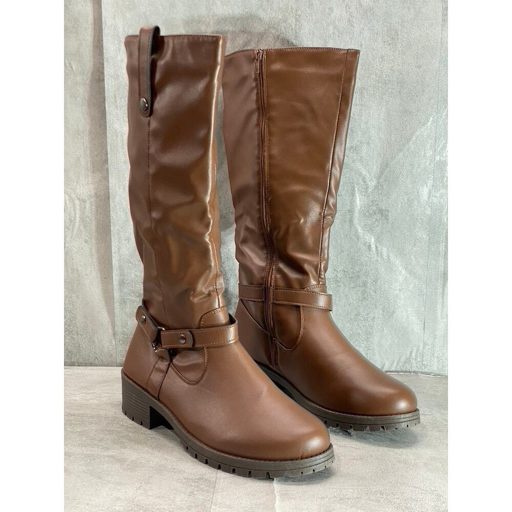 OLIVIA MILLER Women's Dark Brown Faux Leather Kristen Riding Knee-High Boots
